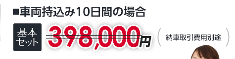 ■車両持込み10日間の場合|基本セット398,000円以下|納車取引費用別途